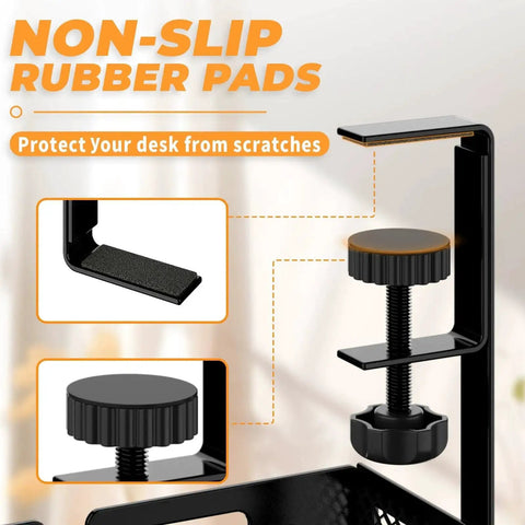 Close-up of non-slip rubber pads and clamp for under desk cable management tray, no drill steel desk organizer.