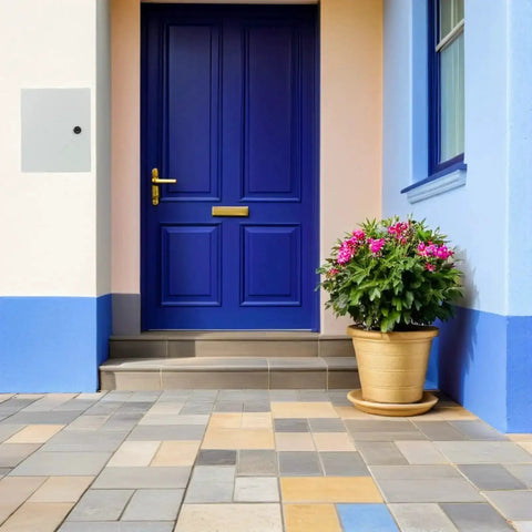 Outdoor Metal Electrical Enclosure Box Weatherproof Junction Box With Safety Lock installed near blue front door with potted plant