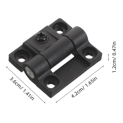 Black plastic 90 Degree Torque Positioning Hinge for cabinets and boxes with friction control, dimensions labeled, 1 pair