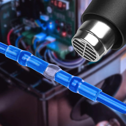 TICONN 150-piece solder-seal butt connectors on blue insulated automotive wiring, waterproof heat-shrink terminals