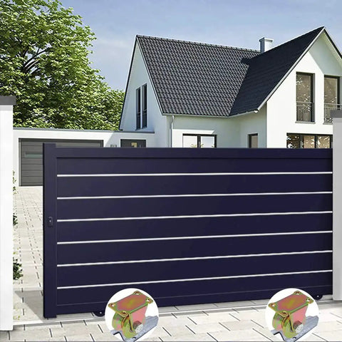 2 Inch V-Groove Wheel Sliding Gate Caster Set for Inverted V-Track and Rolling Gates installed on a dark sliding gate.