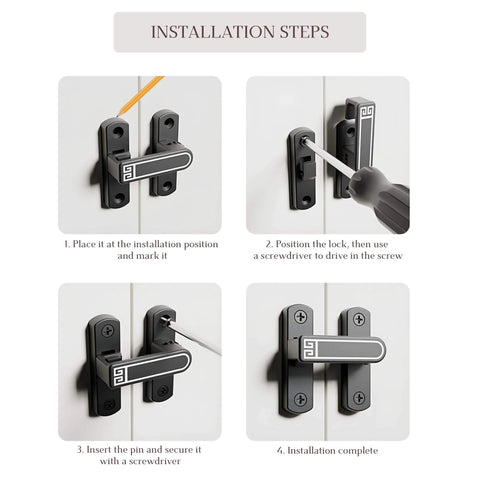Installation steps for Adjustable 90 To 180 Degree Barn Door Latch Slide Lock With Knob For Privacy And Security In Home Bathroom Garage Bedroom And Cabinet Zinc Alloy White Finish No Tools Needed Height Adjustment Keeps Your Space Locked Down