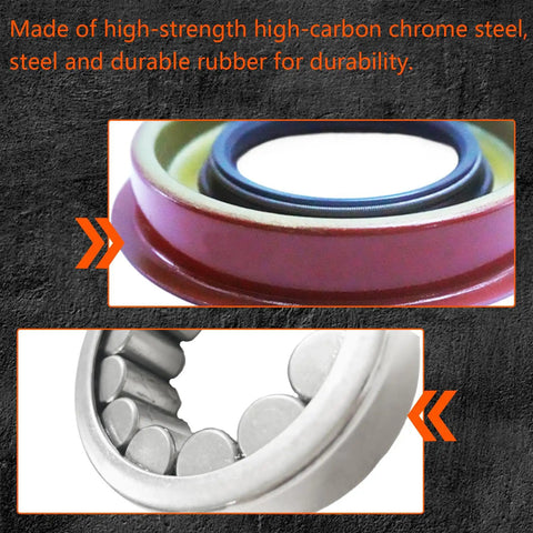Close-up of rear axle wheel bearing and seal kit components, showing chrome steel bearings and rubber seal for GM trucks.