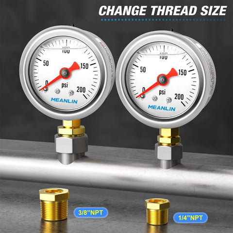 Two Meanlin glycerin-filled stainless steel pressure gauges, 1.5-inch dial, 0–200 psi, with 1/4 NPT and 3/8 NPT bushings.