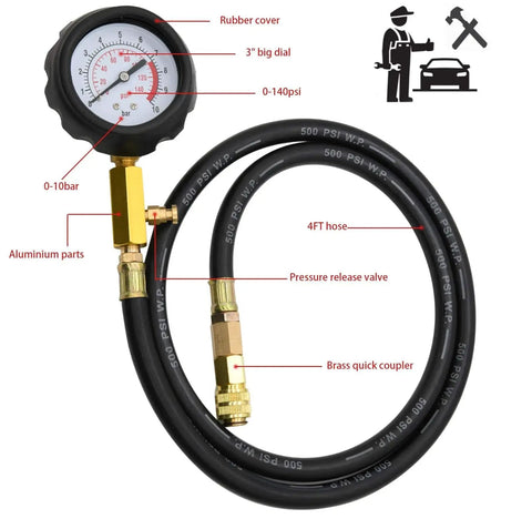 All In One Engine Oil Pressure Tester Kit 0 To 140 PSI Gauge with 4 ft hose and quick couplers for cars, ATVs, and trucks