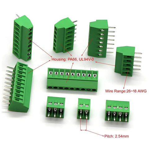 50 Pack 2.54mm Pitch Screw Terminal Block Kit 2P 3P 4P PCB Mount Connectors For Arduino And Raspberry Pi 6A 150V 18-26AWG Wire Mixed Pack Easy Clamp No Solder Required shown in green PA66 nylon, various side views, and housing details.