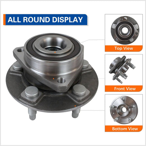 Drop In Replacement Five Lug Wheel Hub And Bearing Assembly With Encoder ABS For 2008 Through 2014 Cadillac CTS And 2010 Through 2015 Chevy Camaro And 2018 Through 2019 Cadillac XTS And 2018 Through 2019 Chevy Impala in all-around view, showcasing top, front, and bottom angles