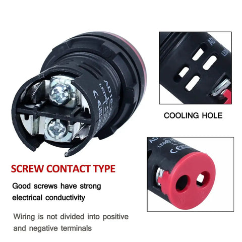 Back view of LED Indicator Light showing screw contact type with cooling hole, part of 10 Pack LED Indicator Lights 22mm Panel Mount 24V AC DC.
