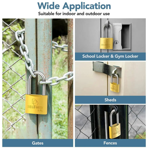 DELSWIN weatherproof brass padlock with key, 1-9/16 in shackle; keyed-alike two-pack for gates, fences and sheds