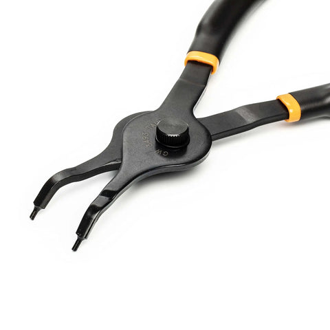 Close-up of 12 Piece Snap Ring Pliers Set with straight jaws showing fixed tip for automotive mechanical maintenance jobs