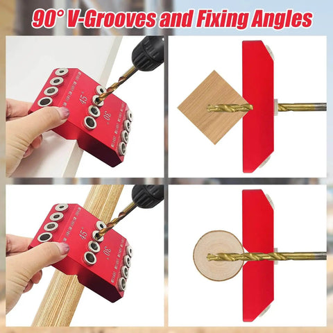 30 45 90 Degree Drill Guide Jig With Four Drill Bits For Angled Or Straight Holes demonstration on wood boards