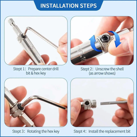 Installation steps for 3 Piece Self Centering Hinge Tapper Core Drill Bit Set For Woodworking With No 6 No 8 No 10 Bits, One Quarter Inch Hex Shank HSS Drill Bits For Opening Holes In Hinge And Lock Applications, Quick Change Compatible, Ideal For Cabinet Doors