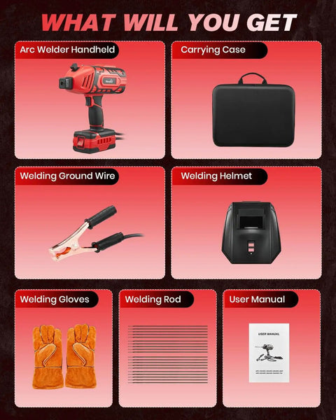 Portable IGBT Inverter Welder with Five Variable Current Settings Anti Stick Arc Gun 110V Home Repair Welding Kit, case, and accessories