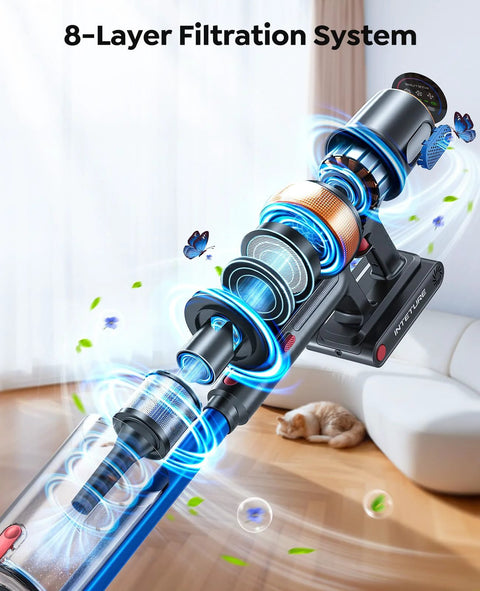 Cordless vacuum cleaner cutaway with transparent dust canister, blue accents, and 8-layer filtration system