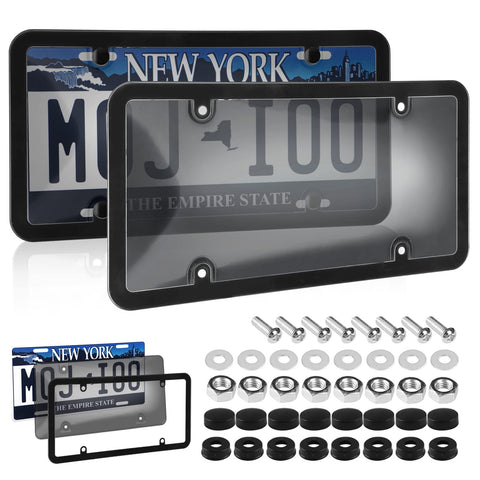2 Pack Smoked License Plate Covers And Frame Shield Combo For Cars Slick Durable Unbreakable Tinted Cover Bubble Design Plate Holder With Screws And Caps Fits All Standard US Plates Black, showing two covers and mounting hardware.
