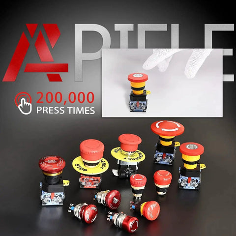Various 22mm Red Emergency Stop Push Button Switches With Mushroom Head, Stop Signal 1NO1NC 600V 10A, demonstrating durability.
