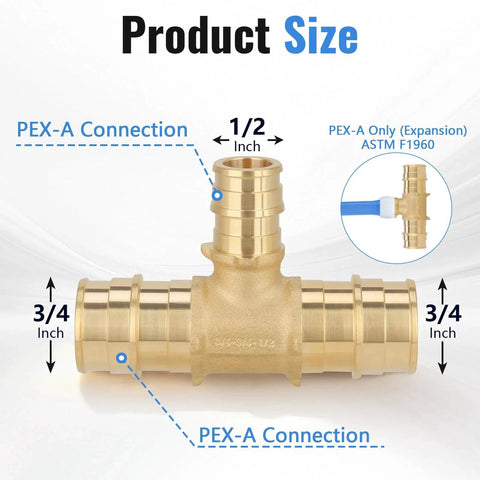 Ten Pack PEX A Reducing Tee Expansion Fitting Lead Free Brass Full Flow Connector For Residential Hot And Cold Water And Radiant Heating Systems ASTM F1960 And cUPC Certified, 3/4x3/4x1/2 size diagram.