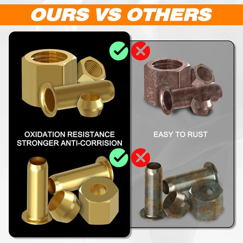 Comparison of brass compression fittings kit vs rusty parts, highlighting oxidation resistance and anti-corrosion benefits.
