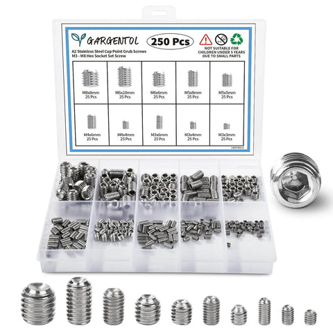 250-Piece Set Screw Kit For DIYers, Metric M3 Through M8, 304 Stainless Steel Cupped And Hex Head Grub Screws in organizer box.