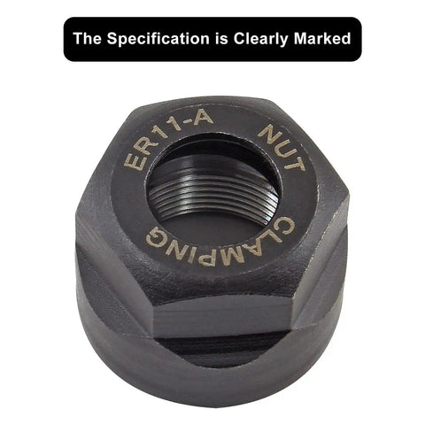 Close-up of a Four Pack ER11-A Collet Nut M14 Clamping Nuts For CNC showing engraving and thread details, cast steel material.