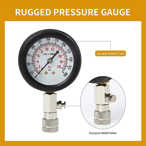 Close-up of gauge from 8 Piece Engine Compression Tester Kit 0 To 300 PSI For Cars Motorcycles Trucks with pressure relief valve.