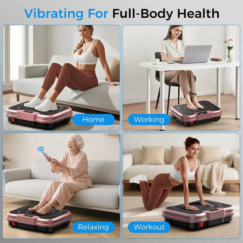 Four scenes of a rose gold Vibration Plate Exercise Machine For Full Body Workout And Fat Burning, 400 lbs capacity, home use.