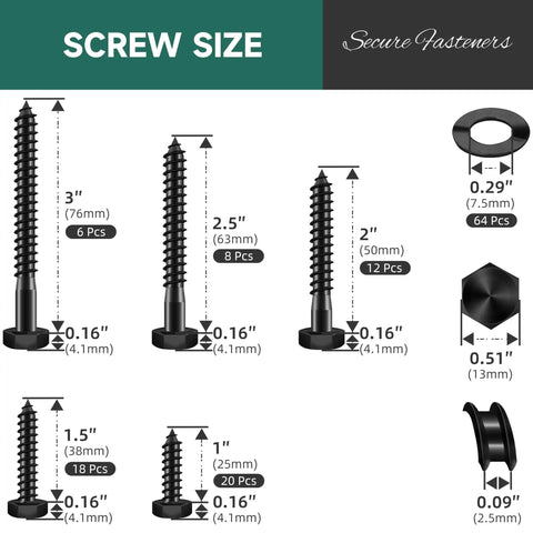 Diagram showing sizes of screws and washers in Beefy 128 Piece One Quarter Inch Hex Lag Screws Set In 304 Stainless Steel Kit