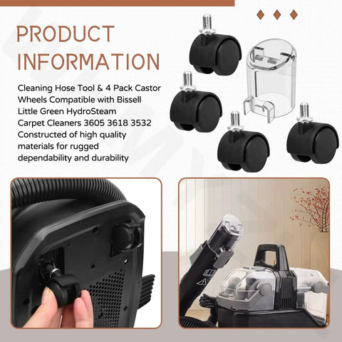 Self Cleaning Hose Tool And Four Pack Castor Wheels For Little Green HydroSteam Carpet Cleaners 3605 3618 3532 Replacement Part 1638909 Durable Castors For Stable Movement And Easy Installation