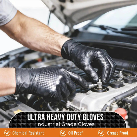 Mechanic wearing 10 Mil Diamond Textured Nitrile Gloves Heavy Duty Latex Free Powder Free X Large while repairing engine.
