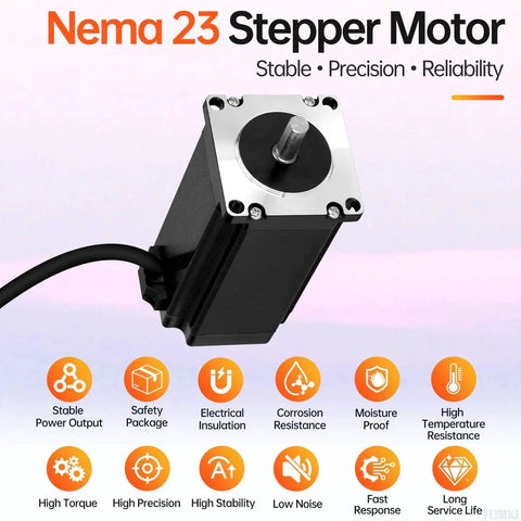 Nema 23 Stepper Motor with 1.8 Degree Step, high torque 3.5Nm, for CNC mill, lathe, 3D printer, and DIY robots with highlighted features.