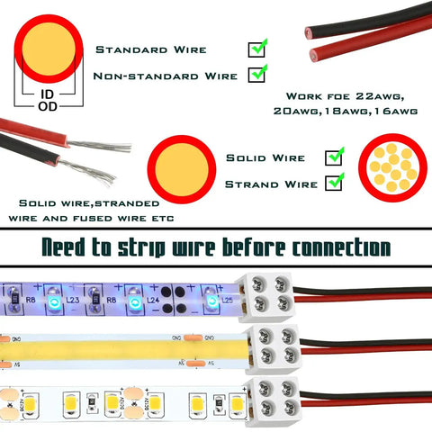 Diagram illustrating wiring instructions for 25 Pack 2 Pin 8mm LED Tape Light Connectors With Screwdriver No Solder Needed Wire To Strip Quick Tighten Terminal Blocks For 5V 12V 24V Monochrome Low Voltage LED Strips with standard and non-standard wire sizes.