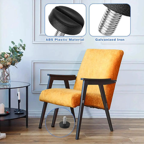 Chair with installed 12 Pack Adjustable Furniture Leveling Feet For Tables Chairs Cabinets And Desks Heavy Duty Screw On Levelers