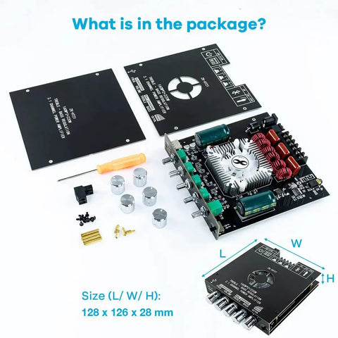 Components of 2.1 Channel Bluetooth Amplifier Board with 160W per channel, 220W subwoofer power, and TDA7498E module.