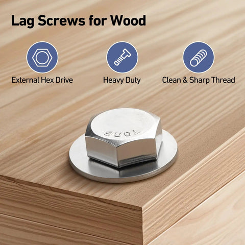 Heavy Duty 28 Piece Lag Screws Set 1/4 x 1-1/2 Inch Hex Head With Flat Washers in 304 Stainless Steel 18-8 on wood surface
