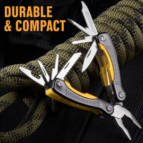 12 In 1 Mini Multitool Pocket Tool with pliers, knife, wire cutter, saw, and bottle opener on a coiled rope for EDC camping hiking