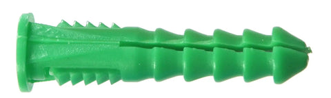 Ribbed Plastic Anchor For Concrete Brick Or Wallboard Green 12-14-16 X 1-1/2 Inch Ideal For Hollow Or Solid Surfaces Works With Sheet Metal Screws Sized 12 14 Or 16 50-Pack Durable Construction For Secure Mounting In Dry Or Damp Environments, close-up of green anchor