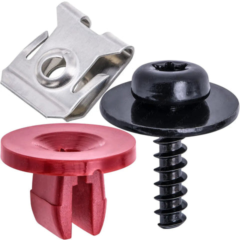 15 Piece T30 Engine Splash Shield Bolt Clip Kit Direct Fit For Ford Focus Escape Explorer C Max Transit Connect And Lincoln MKC Includes Screws Nuts And Clips close-up of components: red nylon nut, black screw, and metal U-nut