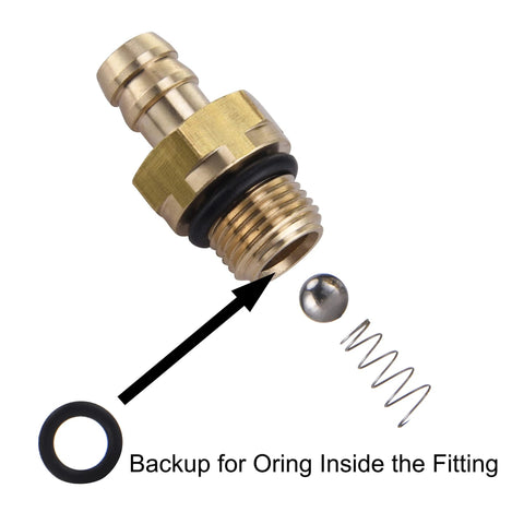 Brass pressure washer chemical injector fitting with black O-ring, ball, and coil spring