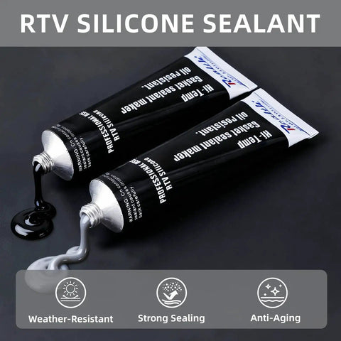 Gasket Maker Silicone Sealant for High Temperature RTV Black 3.53 Oz tubes, black and gray sealant flowing out, heavy duty.