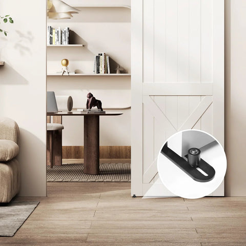 Matte Black Barn Door Floor Guide With Flush Bottom Design, Adjustable Wall Mounted Roller, Rust Resistant Iron, Installed View
