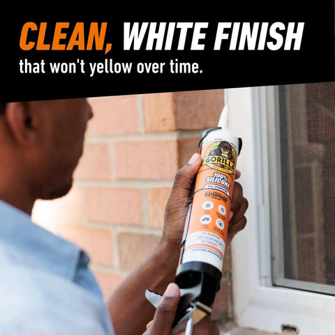 Person applying All Purpose Silicone Sealant Waterproof Indoor Outdoor 30 Minute Cure White 10Oz to a window frame