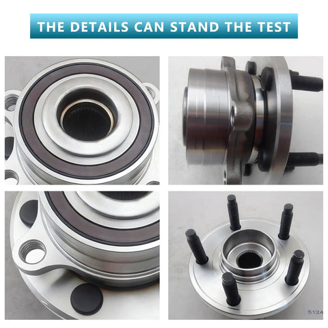 Collage of four views of 512460 Front and Rear Wheel Hub Bearing Assembly Without ABS For 2011 To 2019 Ford Explorer And 2013 To 2019 Ford Police SUV Five Lug Two Piece Plug And Play Direct Fit OE Replacement Keeps Your Ride Quiet And Smooth.