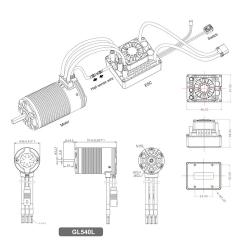 Technical diagram of Smart App Controlled 1 To 10 Crawler ESC And Sensored Brushless Motor Combo For Off Road RC Trucks, 80A