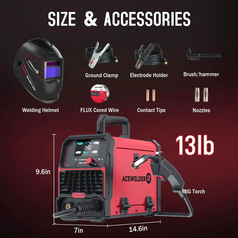 3 In 1 Flux Core Mig Welder 140A Portable 110V Inverter with accessories including helmet, cables, and tools, size 14.6x9.6x7 inches.