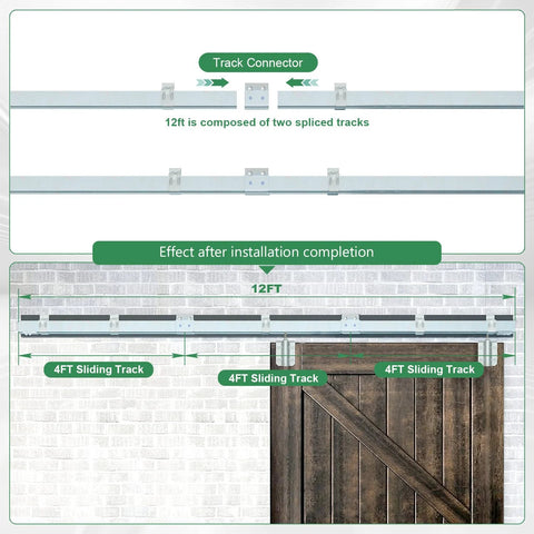Exterior Sliding Barn Door Hardware Kit With 12 Ft Galvanized Steel Box Track Heavy Duty Wall Mount System For Outdoor Use Fits Doors Up To 72 Inches Wide And Supports Up To 300 Lb, shown installed on brick wall with wooden door