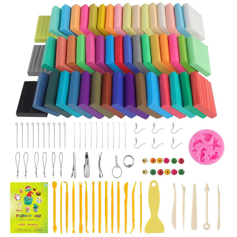 50 Color Polymer Clay Kit For Kids And Grownups Modeling Clay With Storage Box Oven Bake Clay Set Sculpting Tools And Accessories Creative DIY Gift For Artists And Crafters displayed with tools and accessories
