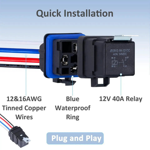 Quick installation of 4 Pin 12V DC IP65 Waterproof Relay Harness Kit With Heavy Duty 40/30 Amp Rating 12 And 16 AWG Tinned Copper Wires SPST