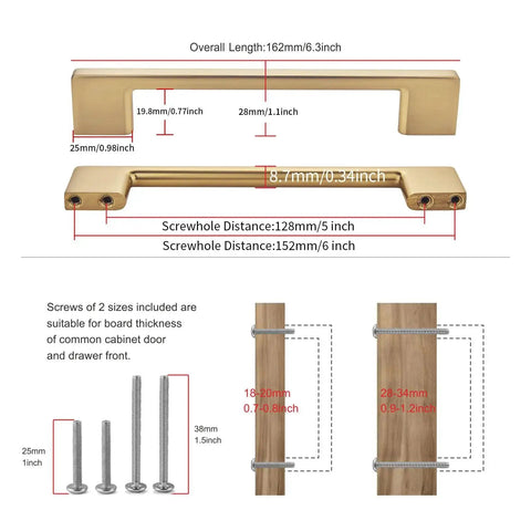Dimensions and screws of Classic 10 Pack Cabinet Pull Handles for Kitchen and Bedroom Cabinets in Champagne Bronze Finish.