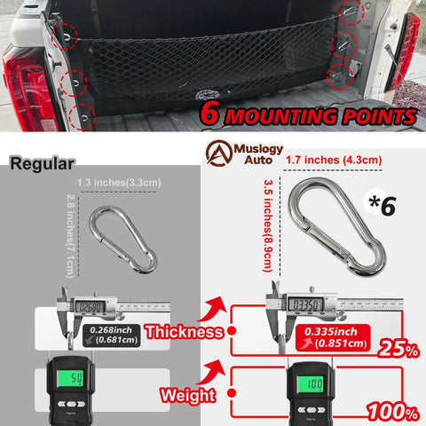 Truck Bed Cargo Net For Chevy Silverado And GMC Sierra 2019 To 2025 Custom Fit Envelope Style Storage Organizer With Heavy Duty Carabiners And LockNflex Material showing 6 mounting points and carabiner measurements.