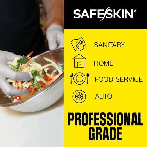 Person wearing Nitrile Exam Gloves Powder Free Large 3.5 Mil 200 Count For Medical Use, preparing food in a metal bowl